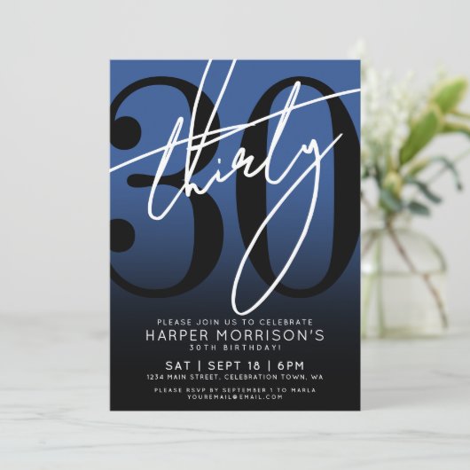 Blauw Zwart 30e verjaardag Uitnodiging (Staand voorkant)