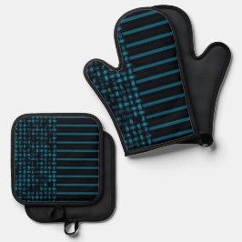 Blauw Zwart Abstract Weefpatroon Ovenwant & Pannenlap Set