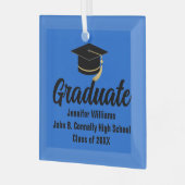 Blauw Zwart Afgestudeerd Gepersonaliseerd Afstuder Glas Ornament (Voorkant links)