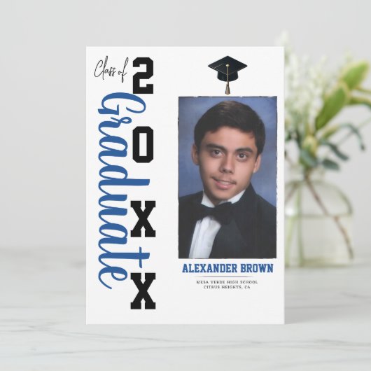 Blauw & Zwart Afstuderen Fotoaankondiging Kaart (Staand voorkant)