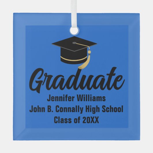 Blauw Zwart Afstuderen gepersonaliseerd Afstuderen Glas Ornament (Voorkant)