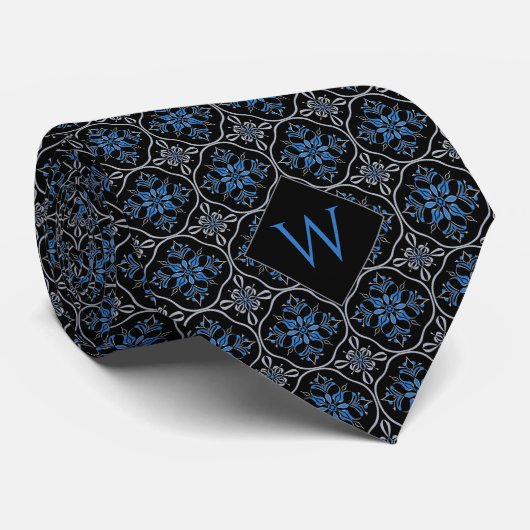  Blauw & Zwart Arabesque Monogram Stropdas (Opgerold)