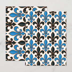 Blauw Zwart Barok Fleur-de-lis Patroon Ontwerp Briefkaart