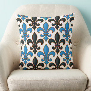 Blauw Zwart Barok Fleur-de-lis Patroon Ontwerp Kussen