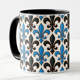 Blauw Zwart Barok Fleur-de-lis Patroon Ontwerp Mok