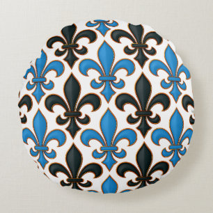 Blauw Zwart Barok Fleur-de-lis Patroon Ontwerp Rond Kussen