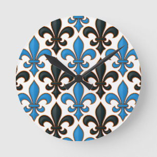 Blauw Zwart Barok Fleur-de-lis Patroon Ontwerp Ronde Klok