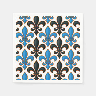 Blauw Zwart Barok Fleur-de-lis Patroon Ontwerp Servet