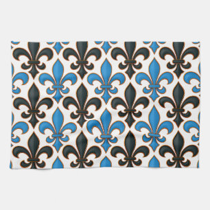 Blauw Zwart Barok Fleur-de-lis Patroon Ontwerp Theedoek