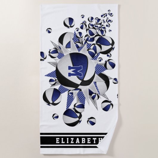 blauw zwart basketballen sterren meisjes monogram strandlaken (Voorkant)