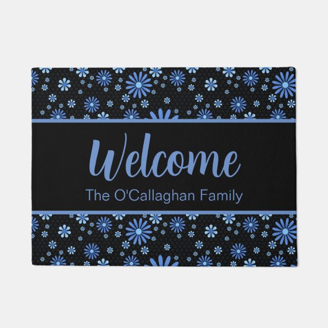 Blauw & Zwart Bloem Power Retro Floral Deurmat (Voorkant)