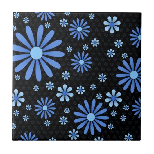 Blauw & Zwart Bloem Power Retro Floral Tegeltje (Voorkant)