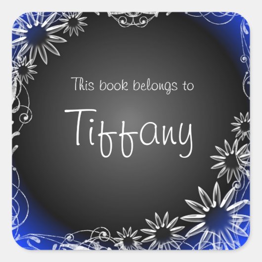 Blauw zwart bloemen custom book sticker labels (Voorkant)
