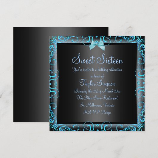 Blauw/Zwart Boog & Lijst Sweet16 Verjaardag Uitnod Kaart (Voorkant / Achterkant)