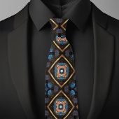 Blauw Zwart Bronzen Diamant Patroon Stropdas