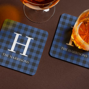 Blauw Zwart Buffalo Plaid Monogram Vakantie Bier Onderzetter