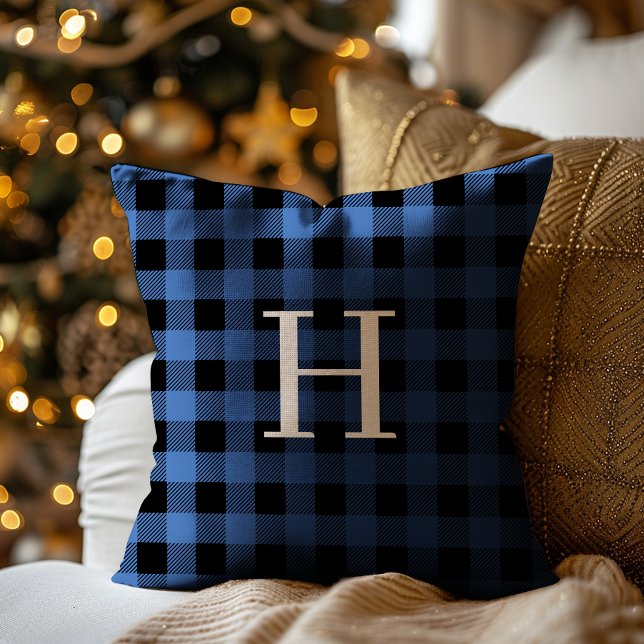 Blauw Zwart Buffalo Plaid Monogram Vakantie Kussen (Creator heeft geüpload)
