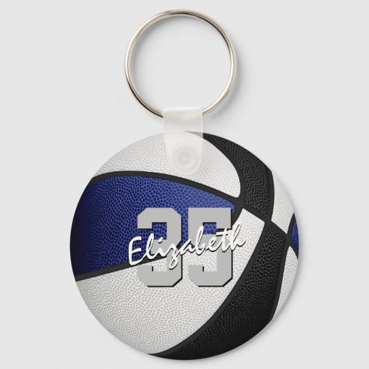 Blauw Zwart Custom Jersey Nummer Basketbal Sleutelhanger (Voorkant)