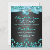 Blauw/Zwart Damask & Bow Sweet16 Verjaardag Uitnod Kaart (Achterkant)
