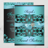 Blauw/Zwart Damask & Bow Sweet16 Verjaardag Uitnod Kaart (Voorkant / Achterkant)