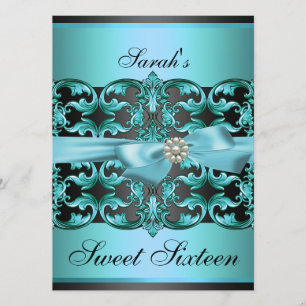 Blauw/Zwart Damask & Bow Sweet16 Verjaardag Uitnod Kaart
