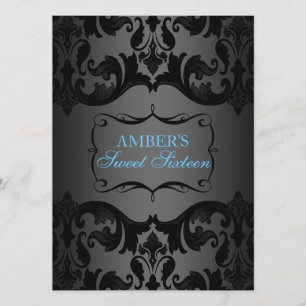 Blauw & Zwart Damask Sweet 16 Verjaardag Uitnodige Kaart