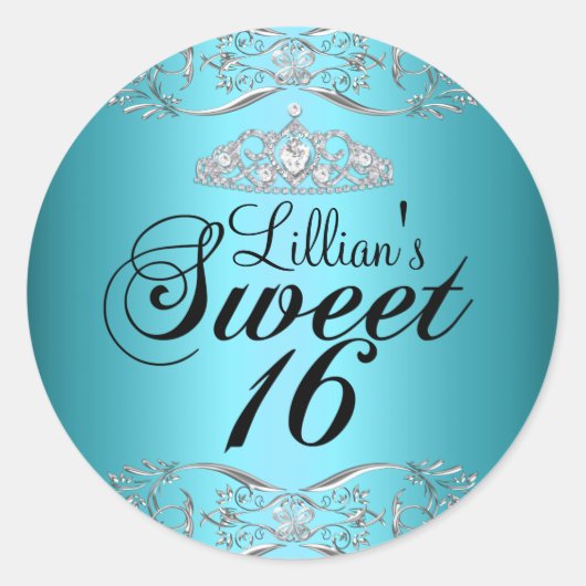 Blauw Zwart Damask & Tiara Sweet 16 Sticker (Voorkant)