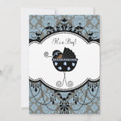 Blauw Zwart Damast Baby Jongen Douche Uitnodiginge Kaart (Voorkant)