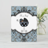 Blauw Zwart Damast Baby Jongen Douche Uitnodiginge Kaart (Staand voorkant)