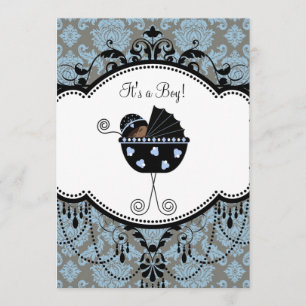 Blauw Zwart Damast Baby Jongen Douche Uitnodiginge Kaart