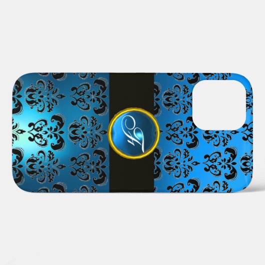 BLAUW ZWART DAMAST EDELSTEEN MONOGRAM Case-Mate iPhone CASE (Achterkant (horizontaal))