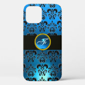 BLAUW ZWART DAMAST EDELSTEEN MONOGRAM Case-Mate iPhone CASE (Achterkant)