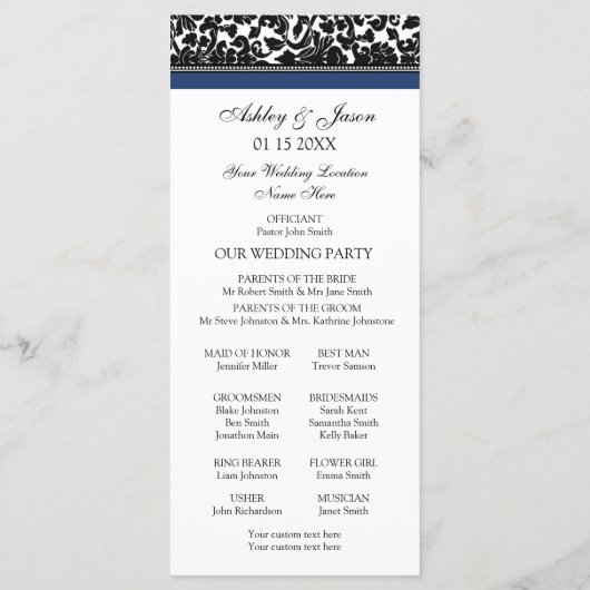 Blauw Zwart Damast Foto Trouwprogramma Programmakaart (Achterkant)