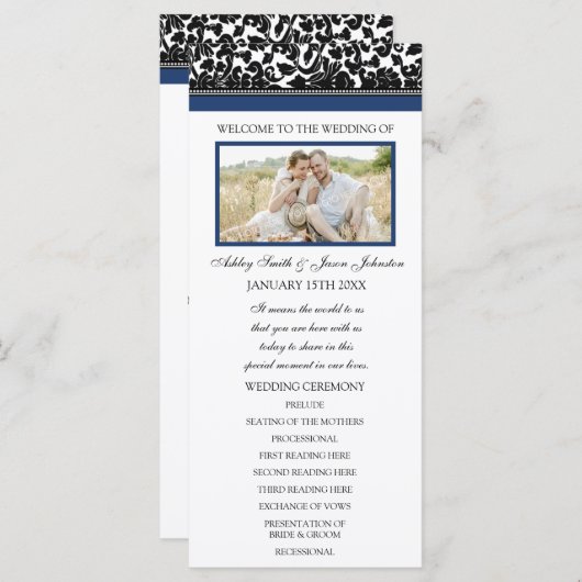 Blauw Zwart Damast Foto Trouwprogramma Programmakaart (Voorkant / Achterkant)