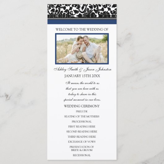 Blauw Zwart Damast Foto Trouwprogramma Programmakaart (Voorkant)