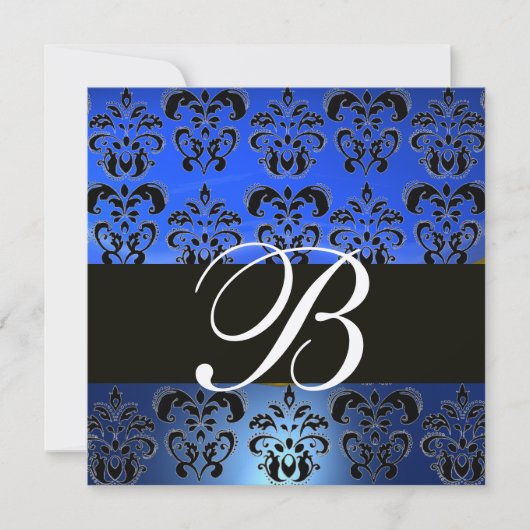 BLAUW ZWART DAMAST MONOGRAM, Helder Goud Wit Kaart (Voorkant)