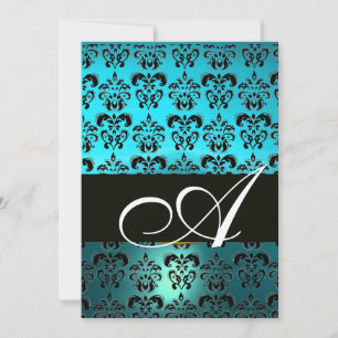 BLAUW ZWART DAMAST MONOGRAM ,helder wit turquoise Kaart