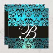 BLAUW ZWART DAMAST MONOGRAM , wit turquoise Kaart (Voorkant / Achterkant)
