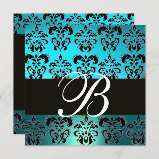 BLAUW ZWART DAMAST MONOGRAM , wit turquoise Kaart (Voorkant / Achterkant)