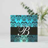 BLAUW ZWART DAMAST MONOGRAM , wit turquoise Kaart (Staand voorkant)