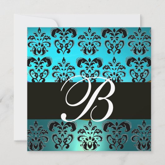 BLAUW ZWART DAMAST MONOGRAM , wit turquoise Kaart (Voorkant)