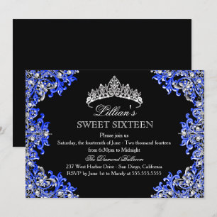 Blauw & Zwart Damast Tiara Sweet 16 Uitnodiging