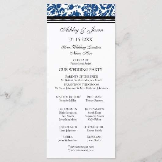 Blauw Zwart Damast Wedding Programma Programmakaart (Achterkant)