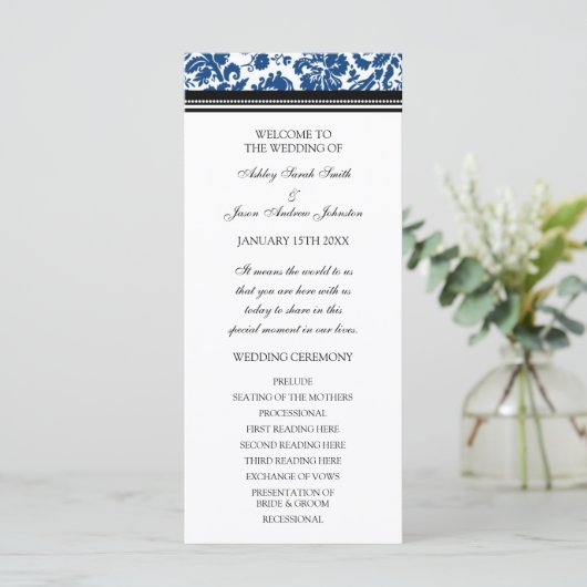 Blauw Zwart Damast Wedding Programma Programmakaart (Staand voorkant)