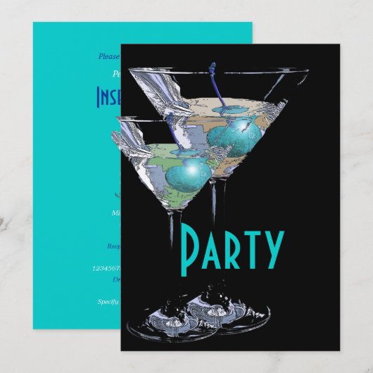 Blauw zwart elegant formeel feest kaart (Voorkant / Achterkant)