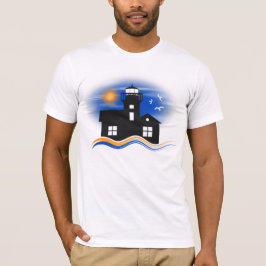 Blauw Zwart en Geel Vuurtoren Zeegezicht Mannen T-shirt