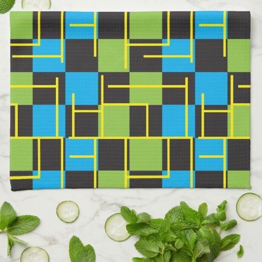 Blauw, zwart en kalkgroen Abstract Theedoek (Gevouwen)