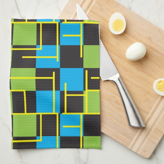 Blauw, zwart en kalkgroen Abstract Theedoek (Quarter Fold)