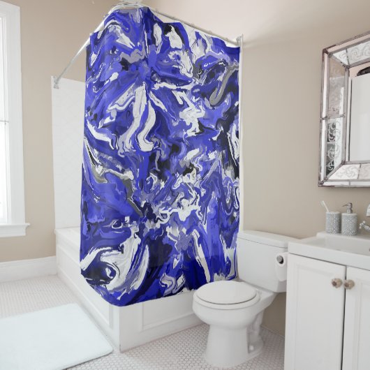 Blauw, zwart en wit Abstract Douchegordijn (In situ)