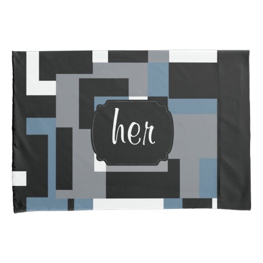 Blauw, Zwart en Wit Abstract Patroon Kussensloop (Voorkant-Rechts)